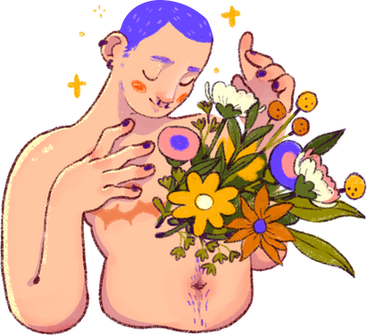 Nurtured Bodies Trans Person with Bouquet Blooming on Chest